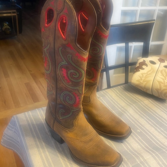 Tony Lama Brown and Red Heeled Boots - Picture 1 of 3